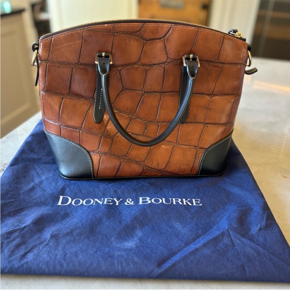 Dooney & Bourke Tan and Black Croc-Embossed Satchel